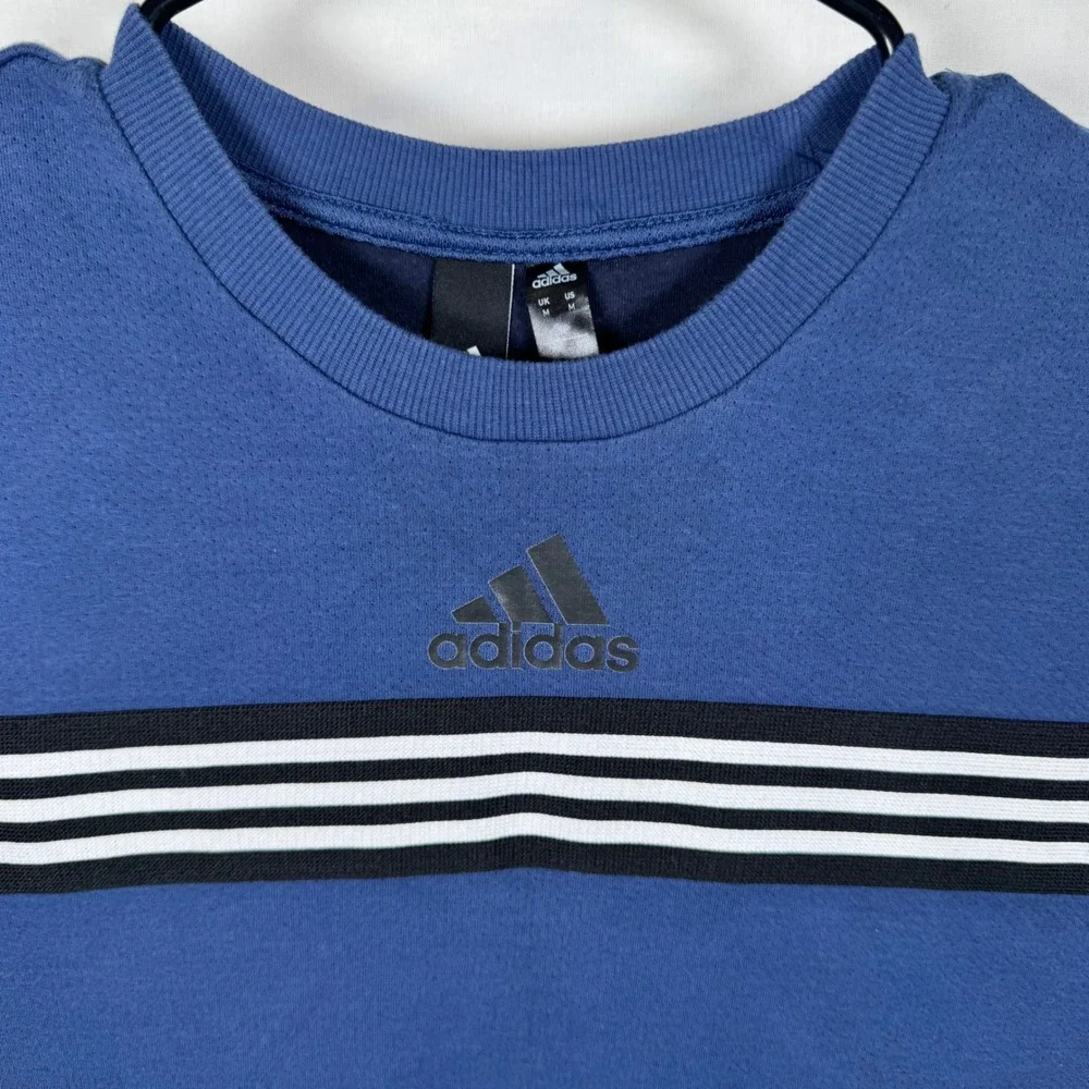 Adidas Sweatshirt Mens Medium Blue Stripe Logo Crewneck Pullover